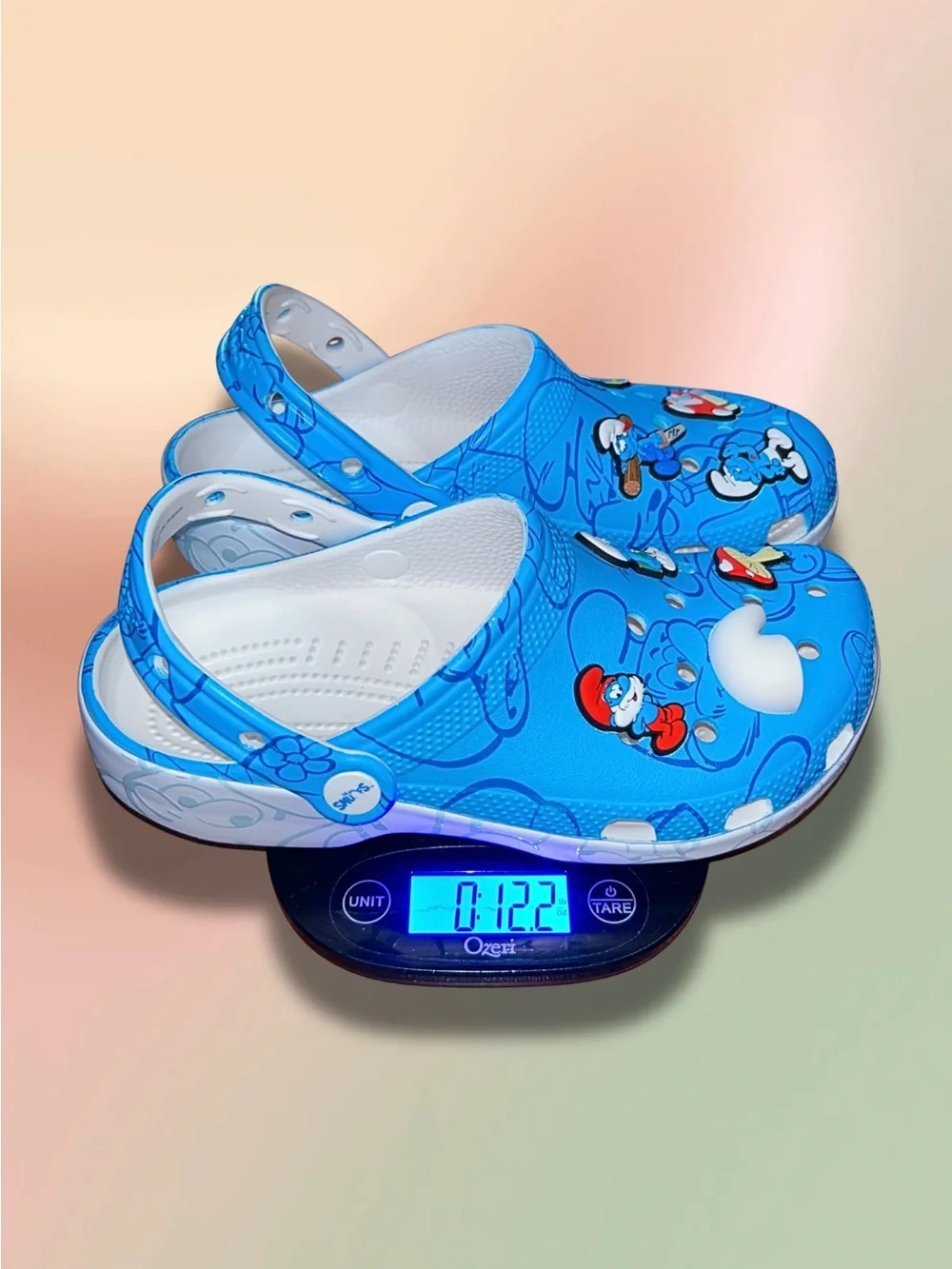 Crocs Smurfs Classic Clogs Blue White Jibbitz Kids Size J5 Youth EUC